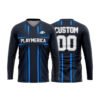 Front view of PlayMerica custom sublimated V-neck sports jersey in black and blue, made from recycled polyester.