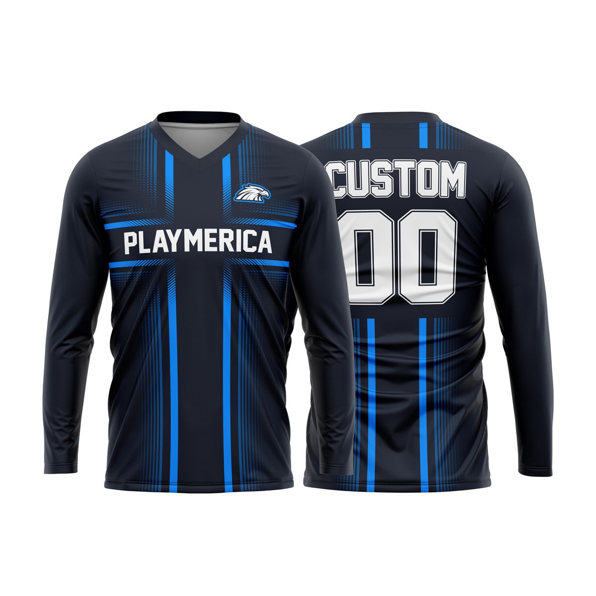 Front view of PlayMerica custom sublimated V-neck sports jersey in black and blue, made from recycled polyester.