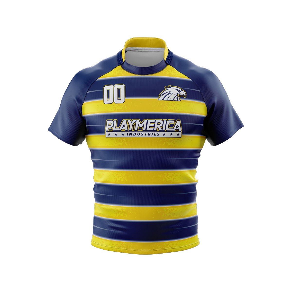 Front view of PlayMerica Industries sublimated rugby jersey in navy and yellow stripes with custom number and logo.