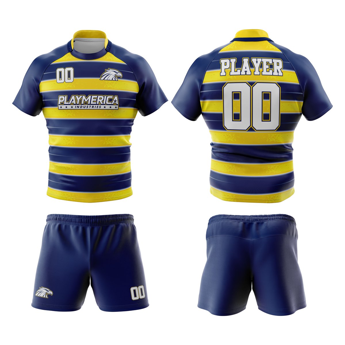 Front view of PlayMerica Industries sublimated rugby jersey in navy and yellow stripes with custom number and logo.
